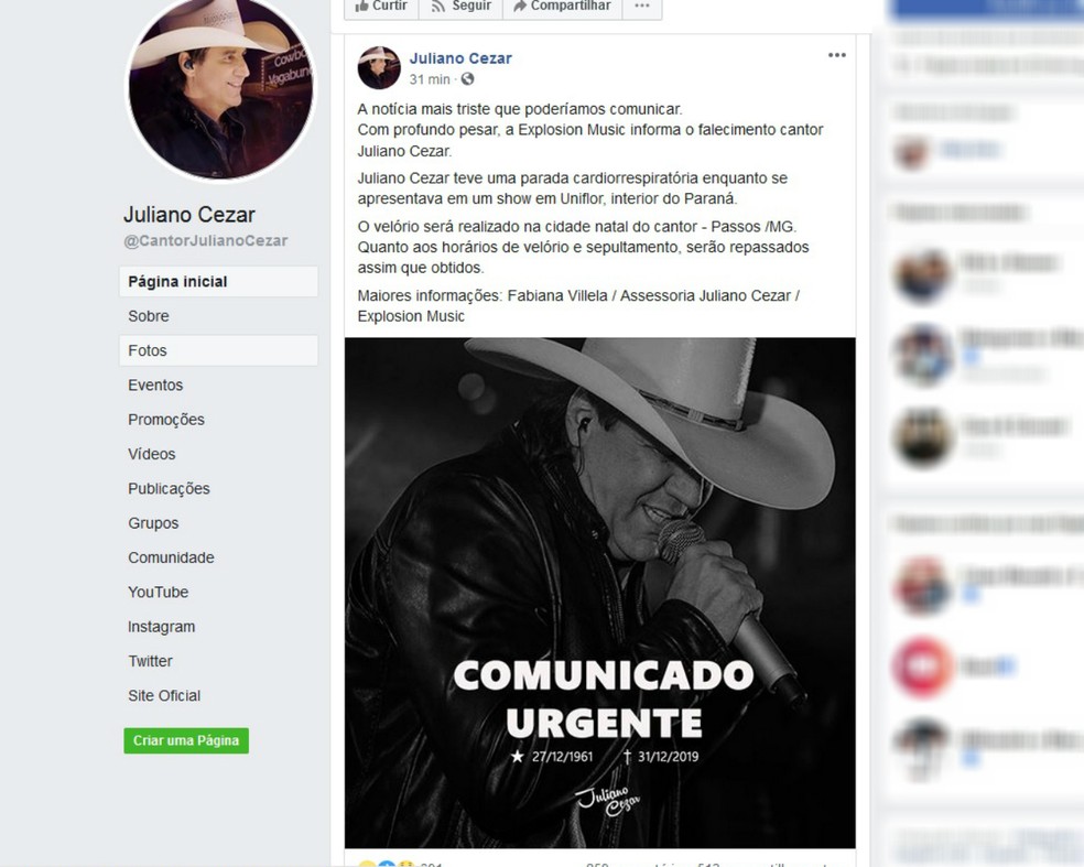 Cantor Juliano Cezar morreu em Uniflor, no norte do Paraná, na madrugada desta terça-feira (31) — Foto: Reprodução/Facebook