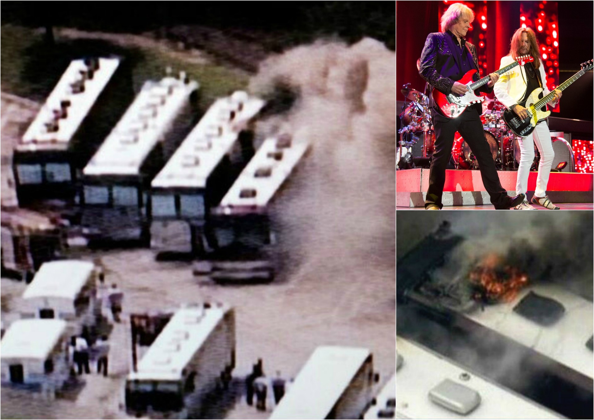 Ônibus incendiados e apresentação do grupo Styx na semana passada. (Foto: Twitter e Getty Images)