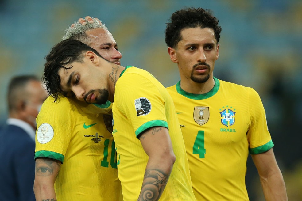 Neymar, Lucas Paquetá e Marquinhos pelo Brasil: zagueiro não enfrenta o Peru  — Foto: Getty Images