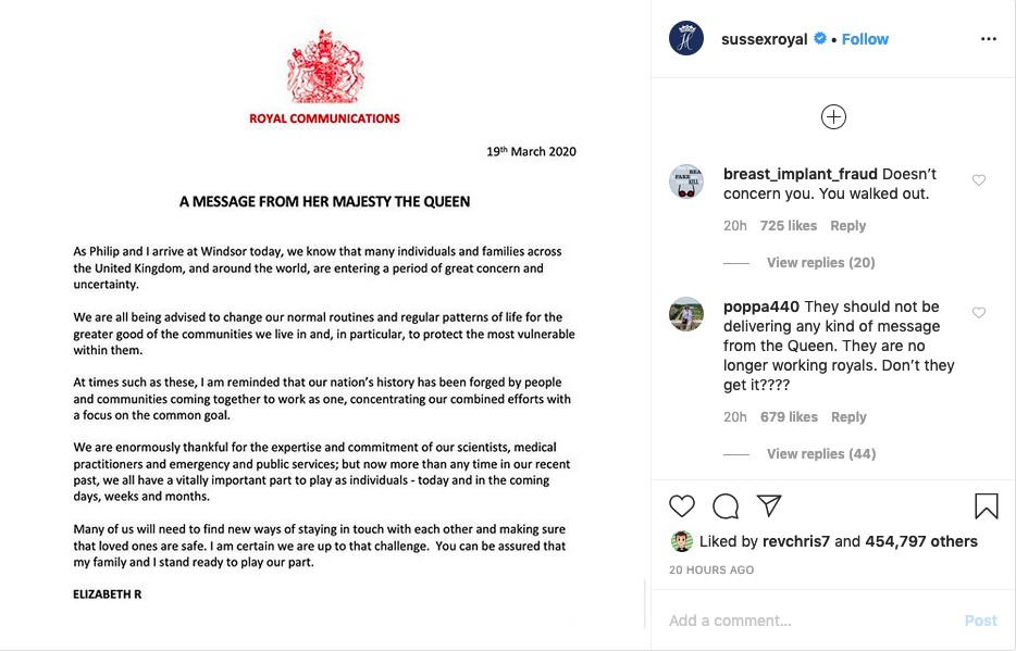 A carta assinada pela Rainha Elizabeth 2ª compartilhada pelo Príncipe Harry e a atriz e duquesa Meghan Markle (Foto: Instagram)