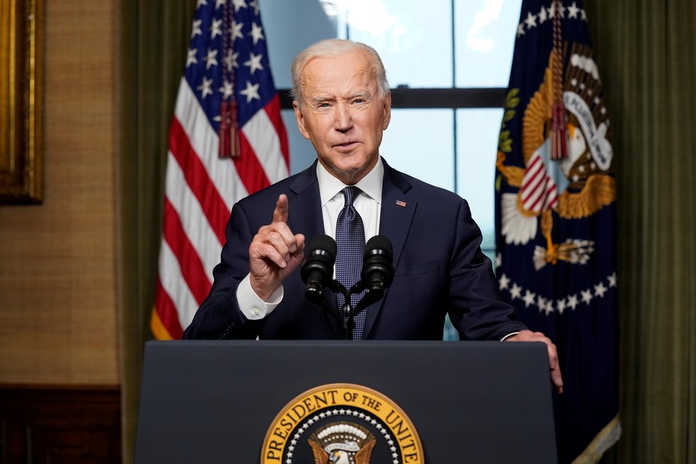 Presidente dos EUA, Joe Biden, faz pronunciamento nesta quarta (14) sobre retirada de militares americanos no Afeganistão — Foto: Andrew Harnik/Pool via Reuters