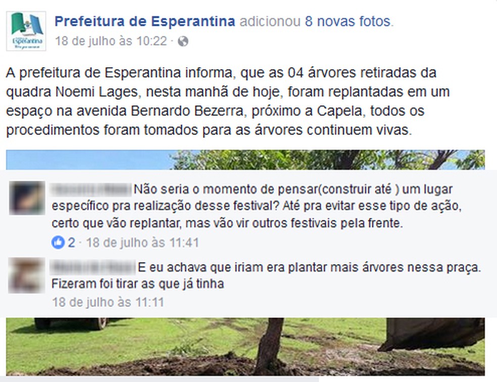 Internautas demonstraram insatisfação com remoção das árvores em praça do Centro de Esperantina (Foto: Reprodução/Facebook)