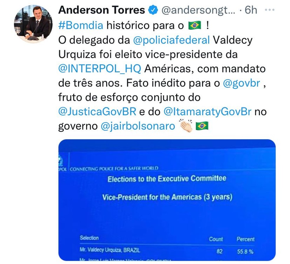 Ministro da Justiça e Segurança Pública, Anderson Torres, comemorou a eleição de Valdecy Urquiza, no Twitter — Foto: Twitter/Reprodução