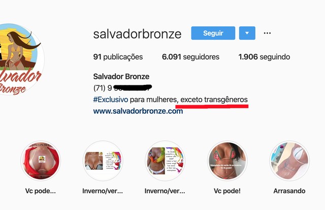 Salão de bronzeamento em Salvador é acusada de transfobia após anúncio (Foto: Reprodução/Instagram)
