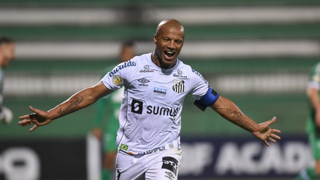 Carlos Sánchez comemora gol do Santos contra a Chapecoense