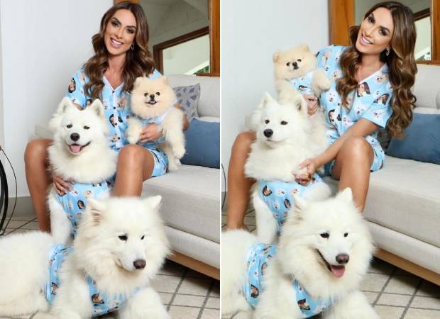 Nicole Bahls e seus cachorros usam pijamas iguais (Foto: Vinny Nunes | Cg Comunicação (divulgação))