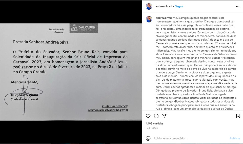 Jornalista Andréa Silva é homenageada pela Sala de Imprensa do Carnaval de Salvador; espaço vai receber nome da profissional — Foto: Redes Sociais 