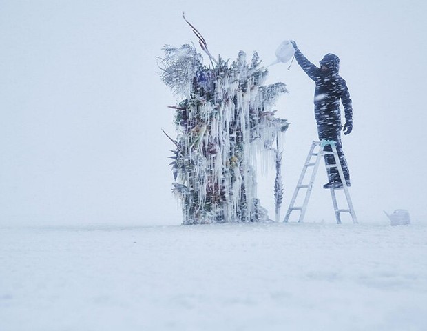Artista leva buquês de flores para campo congelado no Japão (Foto: Shiinoki Shunsuke / Divulgação)