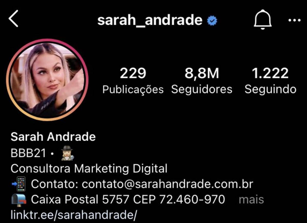 Sarah antes, com 8,8 milhões de seguidores (Foto: Reprodução/Instagram)