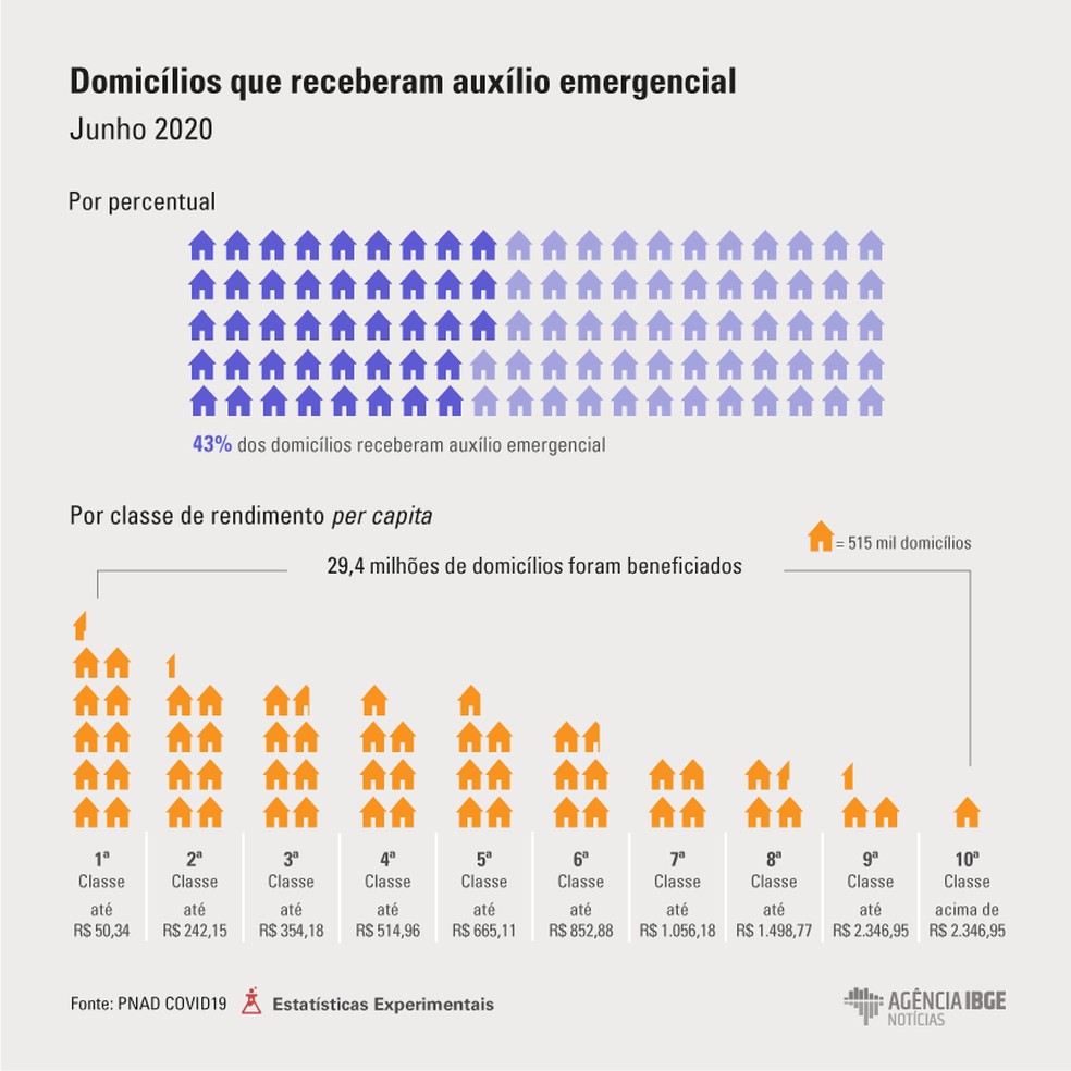 Aux&iacute;lio Emergencial chegou a quase metade dos domic&iacute;lios brasileiros, segundo levantamento do IBGE &mdash; Foto: Reprodu&ccedil;&atilde;o/IBGE