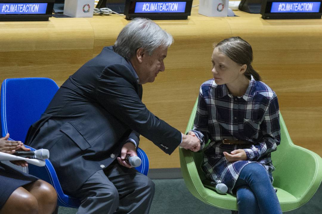 António Guterres e Greta durante abertura da Cúpula Climática da ONU em Nova York
