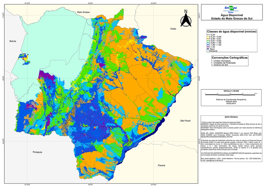 Mapa mostra retenção de água no solo nas diversas regiões de Mato Grosso do Sul
