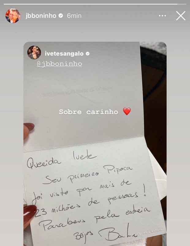 Boninho parabeniza Ivete Sangalo por Pipoca (Foto: Reprodução/Instagram)