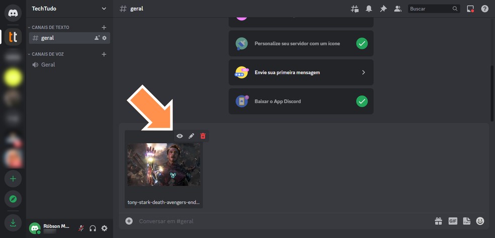 'Como enviar uma imagem ou vídeo como spoiler no Discord?' Selecione o ícone de olho — Foto: Reprodução/Róbson Martins