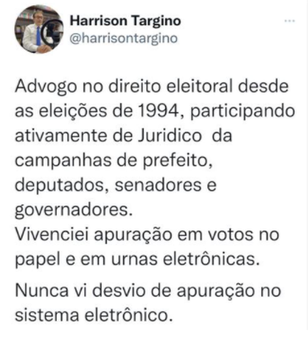 Advogado eleitoral posta no Twitter que nunca viu erro de apura&ccedil;&atilde;o no sistema eletr&ocirc;nico &mdash; Foto: Reprodu&ccedil;&atilde;o