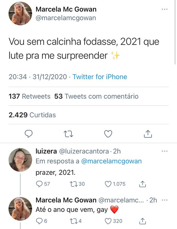 Conversa de Marcela McgGowan e Luísa no Twitter (Foto: Reprodução/ Twitter)