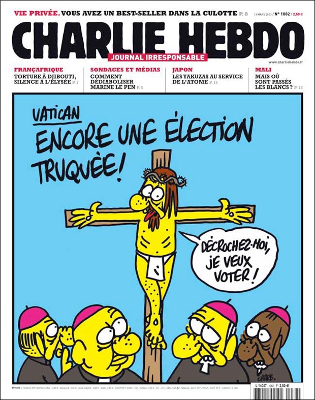 Capa de edição de março de 2013 com a figura de Jesus critica as eleições para o novo papa  (Foto: Reprodução/Facebook Charlie Hebdo)