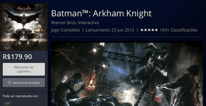 Batman: Arkham Knight está disponível na PSN em versão padrão (Foto: Reprodução/Victor Teixeira)
