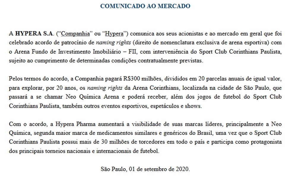 Comunicado da nova patrocinadora do Corinthians a acionistas — Foto: Reprodução