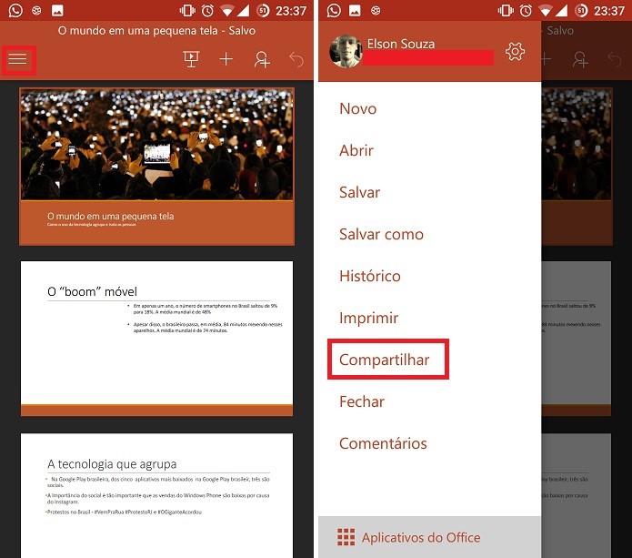 Usuário pode converter arquivo para PDF no Office para Android e eviar (Foto: Reprodução/Elson de Souza)