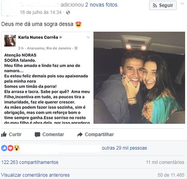 Declaração de amor de sogra para nora surpreende e viraliza: 'Noras não são  bruxas más' | Região dos Lagos | G1