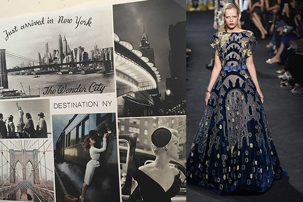 The moodboard that inspired this collection - Art Deco motifs from the Chrysler Building in New York featured in many looks (Foto: InDigital (left) and @SuzyMenkesVogue)
