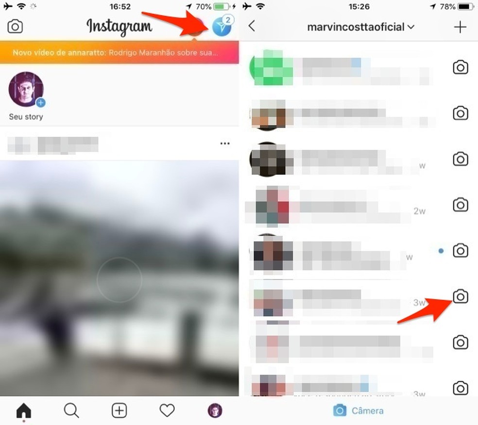 Ação para abrir a câmera para enviar uma mensagem direta para um contato do Instagram (Foto: Reproução/Marvin Costa)