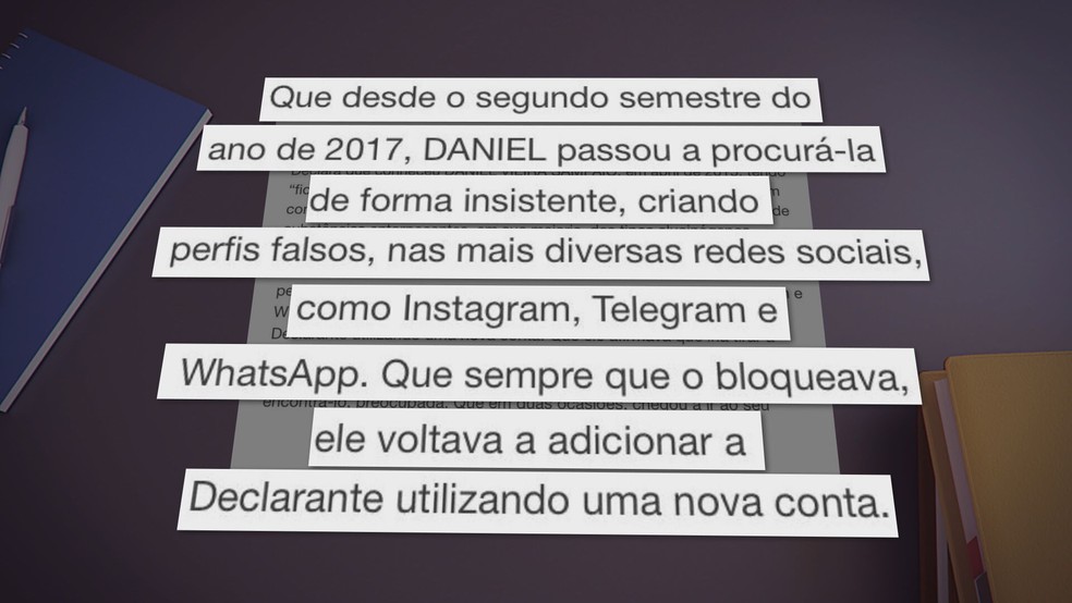 Mulher afirma que, em 2017, Daniel a procurou de forma insistente, criando perfis falsos nas redes sociais. — Foto: TV Globo/Reprodução
