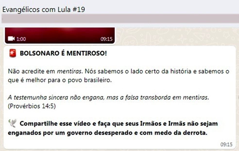 Mensagem em grupo de Whatsapp de evangÃ©licos prÃ³-Lula â Foto: ReproduÃ§Ã£o