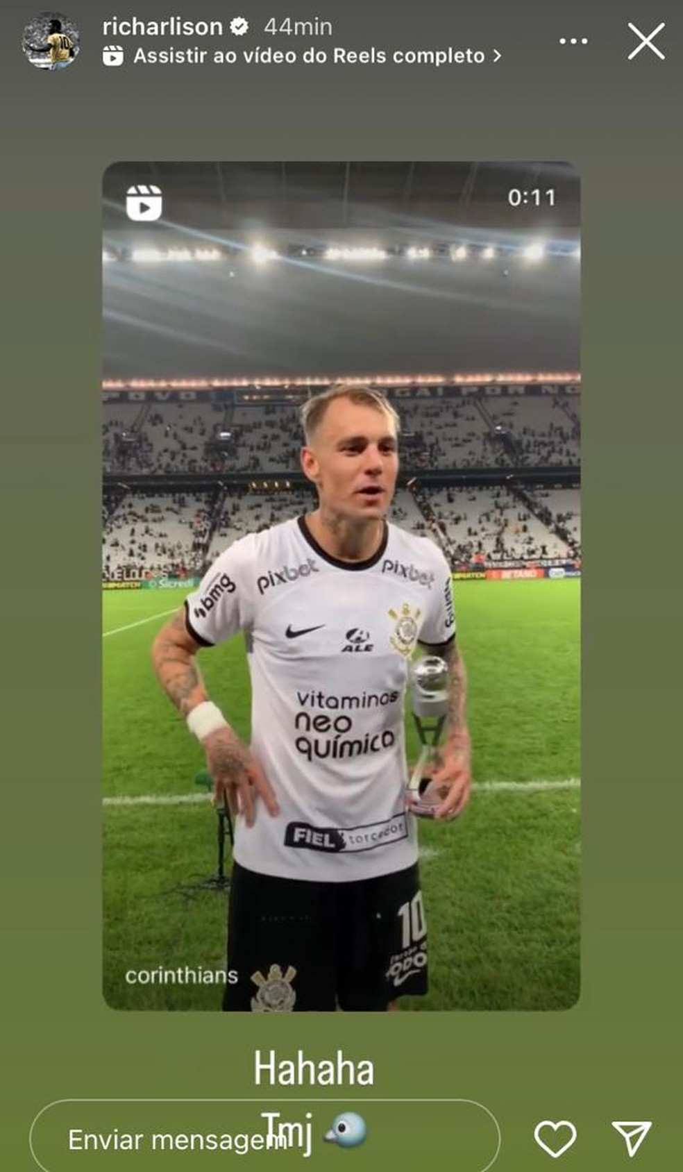 Richarlison reposta o Corinthians e manda recado para Róger Guedes — Foto: Reprodução/Instagram