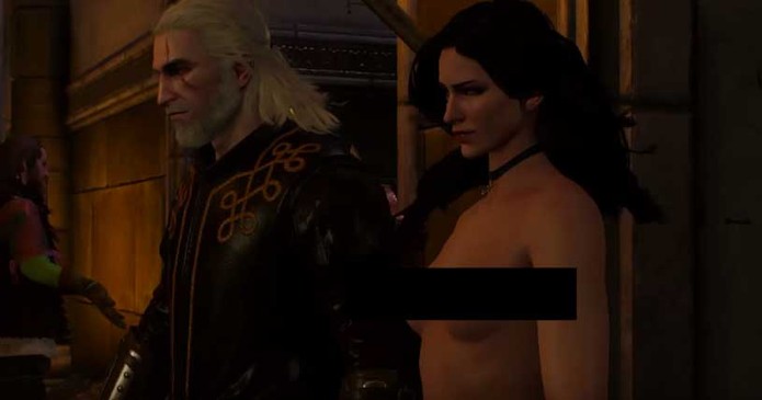 Yennefer aparece nua no bar em um dos bugs de The Witcher 3 (Foto: Reprodução/YouTube)