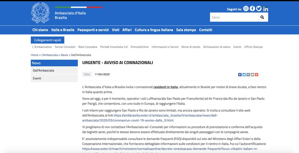 Embaixada da Itália no Brasil pediu neste sábado (11) o retorno imediato de italianos que estão no Brasil — Foto: Reprodução/Site da Embaixada da Itália no Brasil