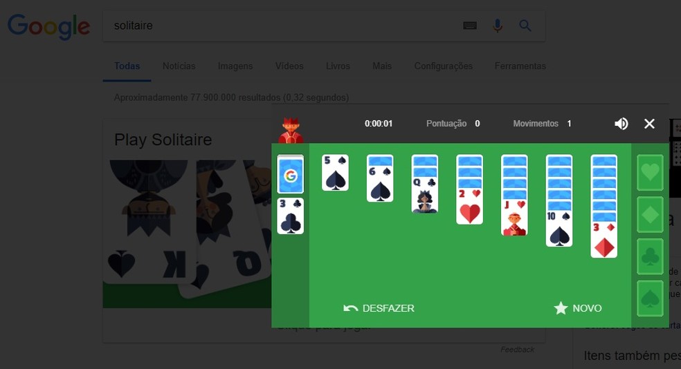 Jogue Paciência online direto nos resultados do Google (Foto: Reprodução/Rodrigo Fernandes)