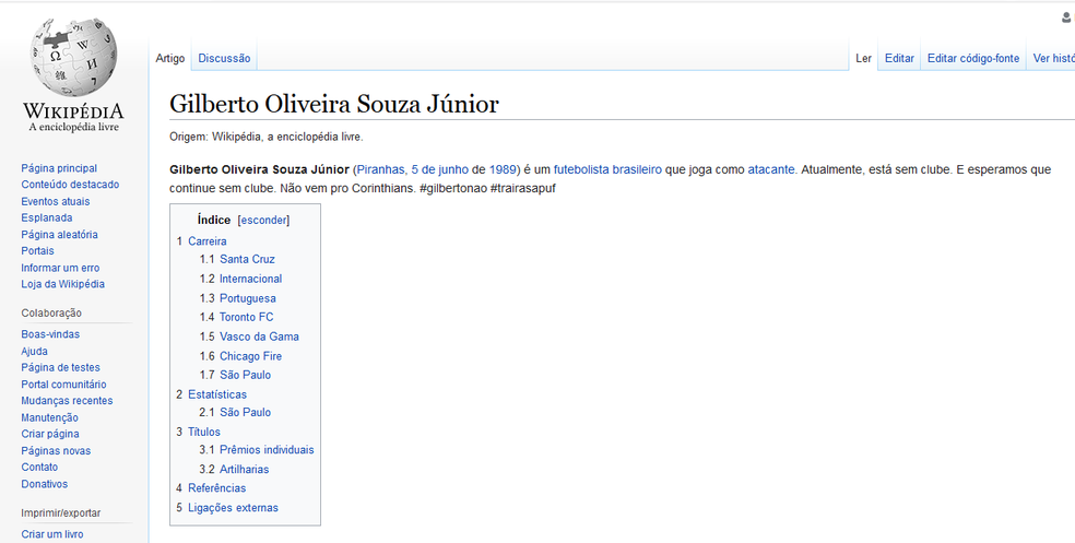 Verbete de Gilberto na Wikipédia foi alterado (Foto: Reprodução)