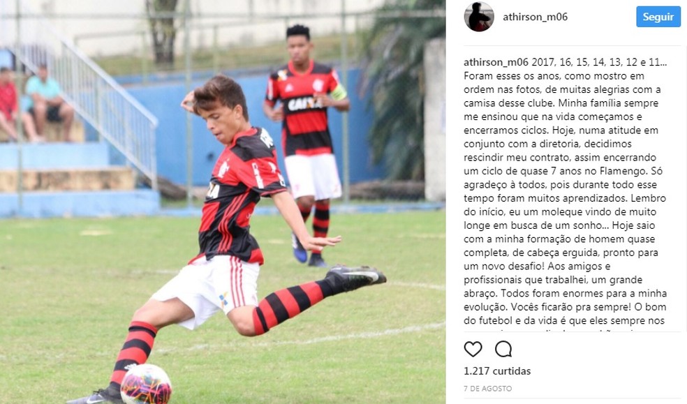 Athirson agradeceu Flamengo em postagem no Instagram (Foto: Reprodução)