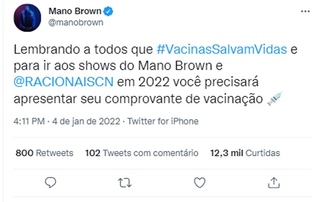 Mano Brown fala de obrigatoriedade de vacina para shows dele e do Racionais MCs (Foto: Reprodução/Twitter)