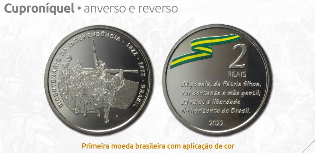 Moeda de R$ 2, em cuproníquel, comemorativa dos 200 anos da Independência do Brasil — Foto: Banco Central/Reprodução