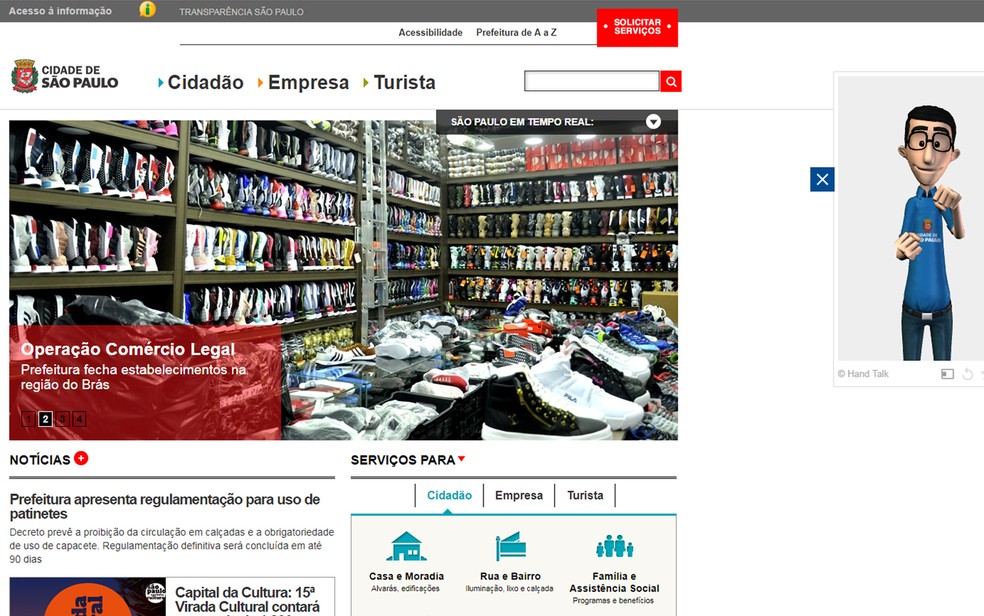 Hugo traduz conteúdo de sites comerciais e institucionais, como o da Prefeitura de São Paulo — Foto: Reprodução