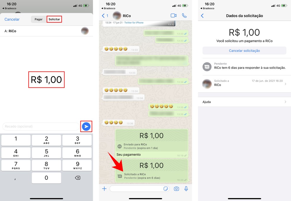 Cobrando dinheiro de um contato pelo WhatsApp — Foto: Reprodução/Rodrigo Fernandes