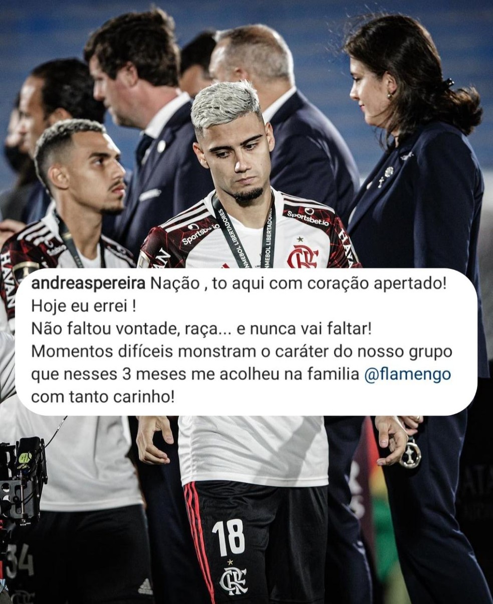 Andreas Pereira faz post pedindo desculpas à torcida do Flamengo — Foto: Reprodução