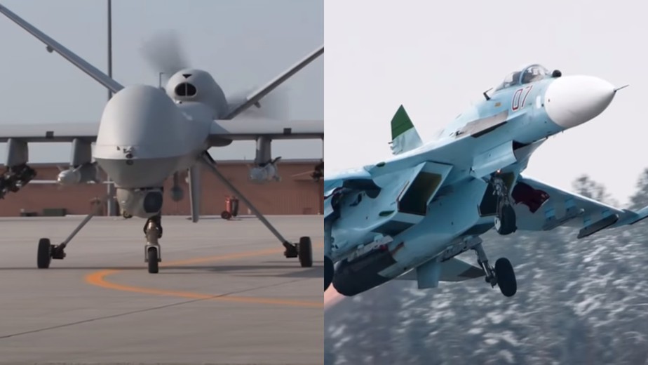 Um MQ-9 Reaper (à esquerda), a serviço da Força Aérea americana, foi atingido por caças russos Su-27 (à direita))