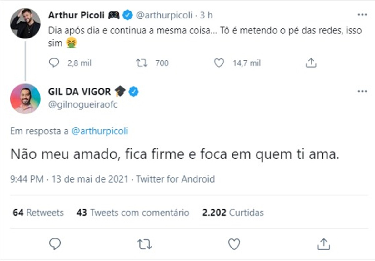Ex-BBB Arthur Picoli lamenta mensagens de haters e Gil responde (Foto: Reprodução/Twitter)