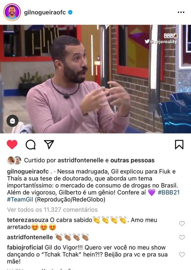 BBB21: Fábio Júnior deixa comentário em posts de Juliette e Gil (Foto: Reprodução/Instagram)