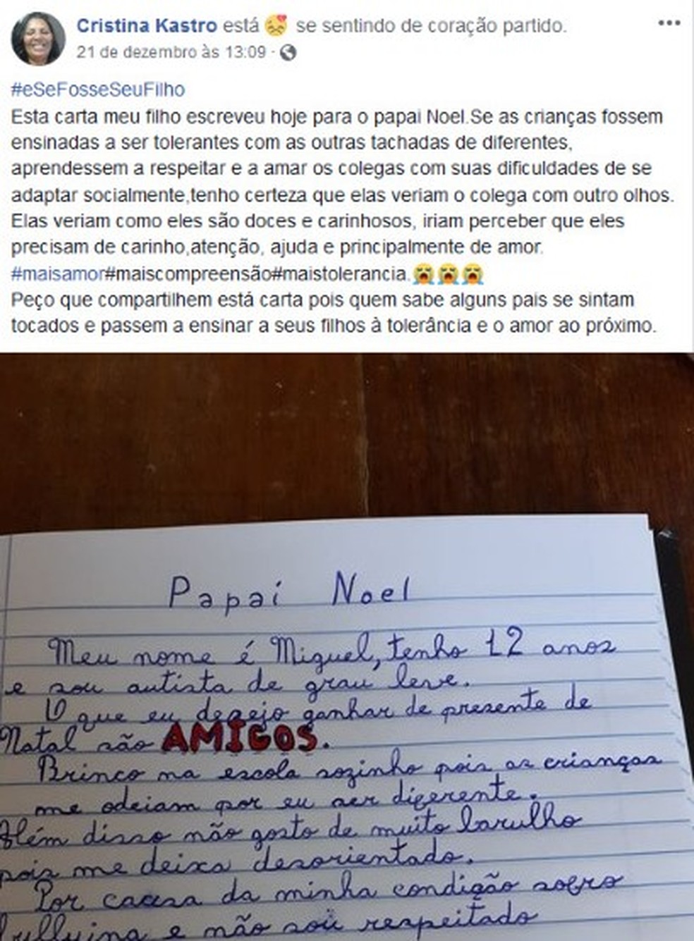 Mãe de Miguel faz publicação pedindo que os pais ensinem aos filhos tolerância e amor ao próximo — Foto: Reprodução/ Redes Sociais