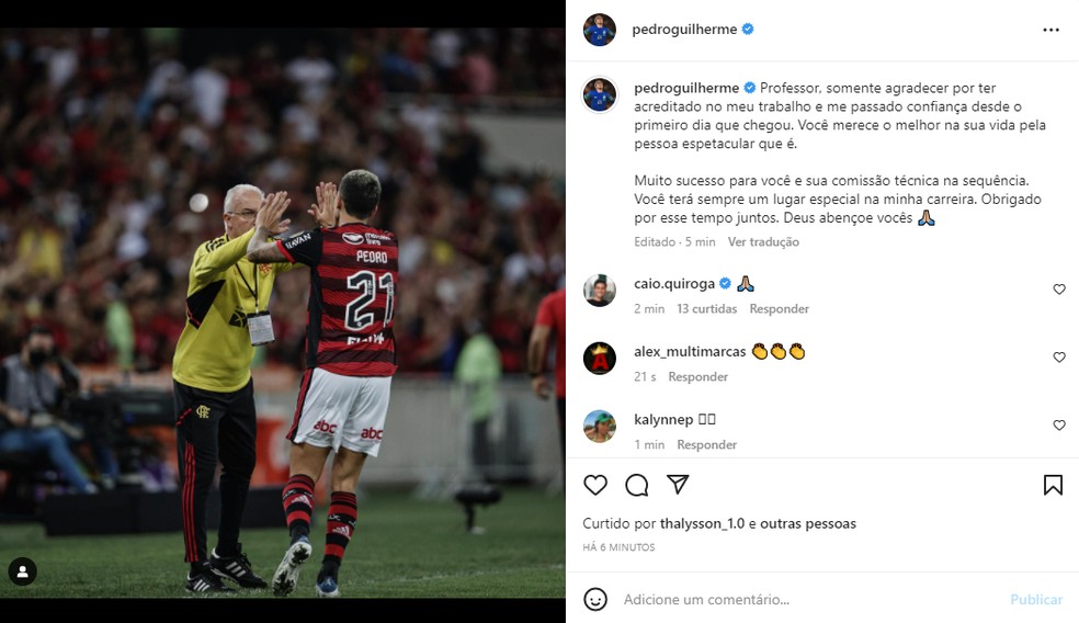 Pedro agradece a Dorival Júnior após saída do Flamengo — Foto: Reprodução