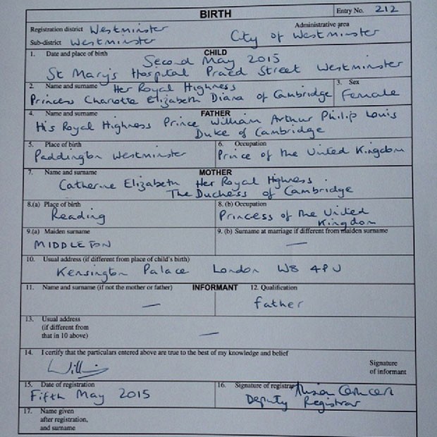 O registro oficial de nascimento da Princesa Charlotte (Foto: Reprodução/ Instagram)