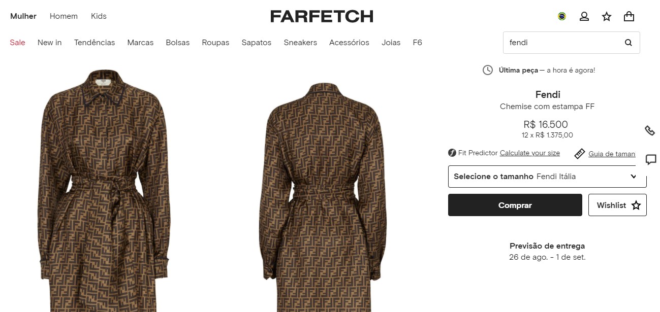 O vestido-camisa estampado é da Fendi e pode ser arrematado por R$ 16.500 mil no site da Farfetch. (Foto: Reprodução)