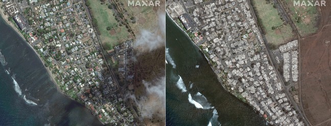 Incêndios florestais no Havaí: imagem de satélite mostra uma visão geral do sul de Lahaina — Foto: AFP
