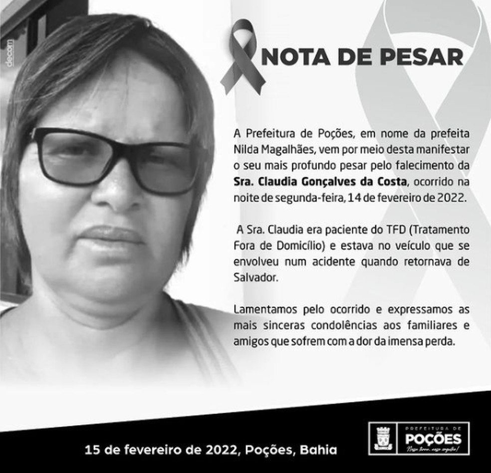 Prefeitura de Poções postou nota de pesar nas redes sociais — Foto: Redes sociais