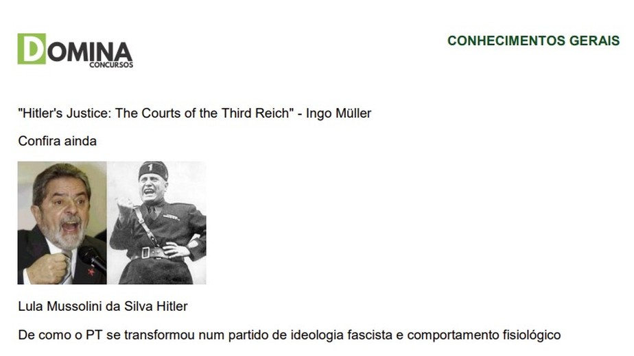 Apostila de cursinho em SC compara Lula a Hitler e faz fotomontagem com imagem de Mussolini